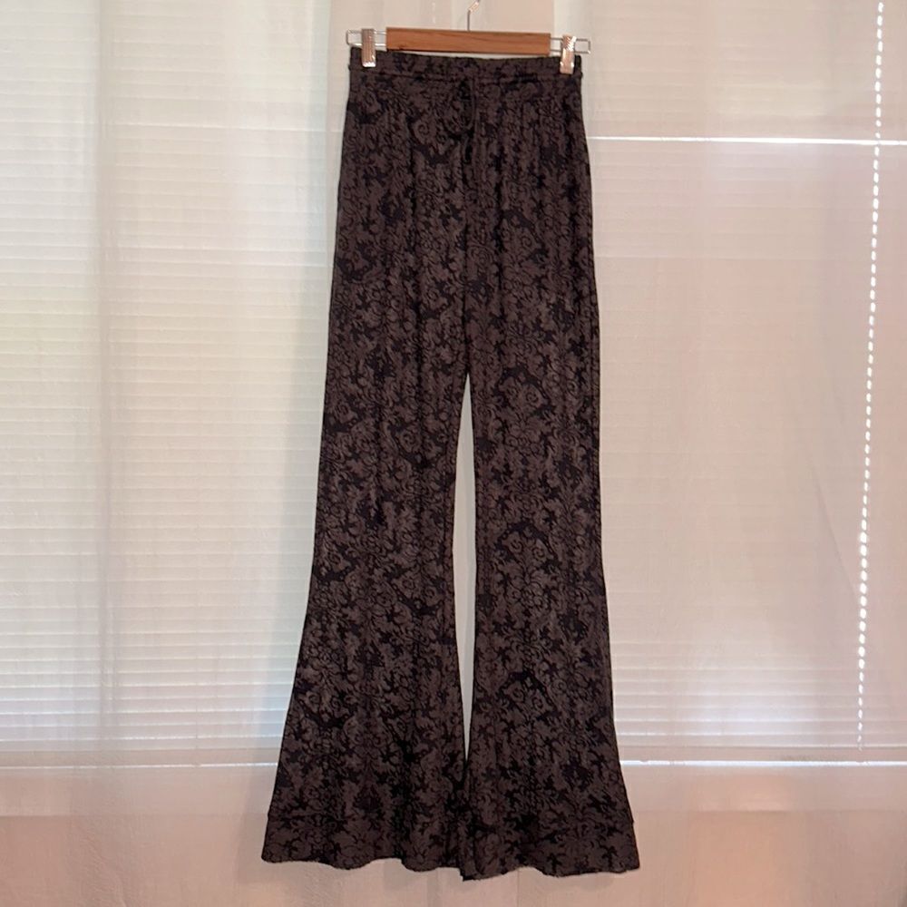 free people XS intimately lightweight waffle knit brown black floral wide pants